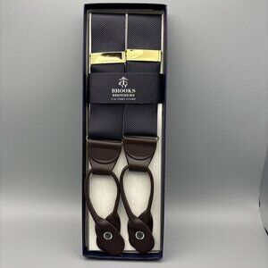 BROOKS BROTHERS Factory NEW Navy Blue Brown Leather Suspenders Braces Gold Tone